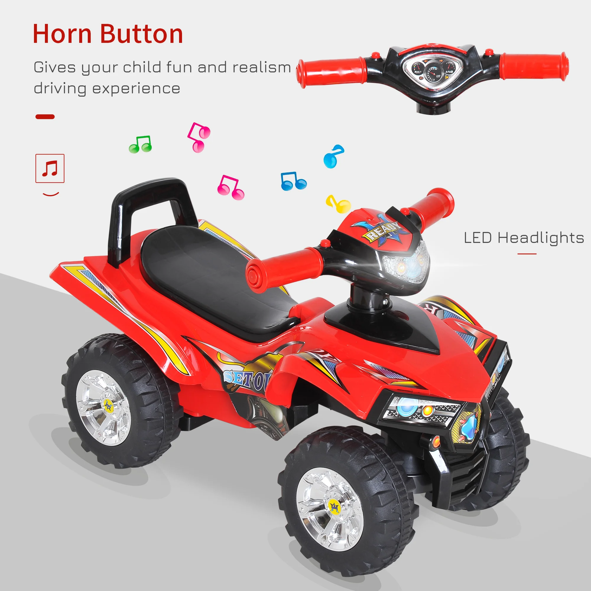 HOMCOM Kids Ride On Quads Boys Girls LED Lights Horn Music Toys 4 Wheels Red - Image 4