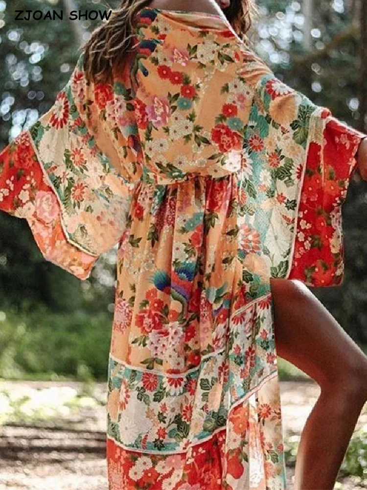 

Women BOHO V neck Bird Flower Print Long Kimono Cape Hippie Shirt Ethnic Lacing up Sashes Cardigan Loose Beach Blouse Tops