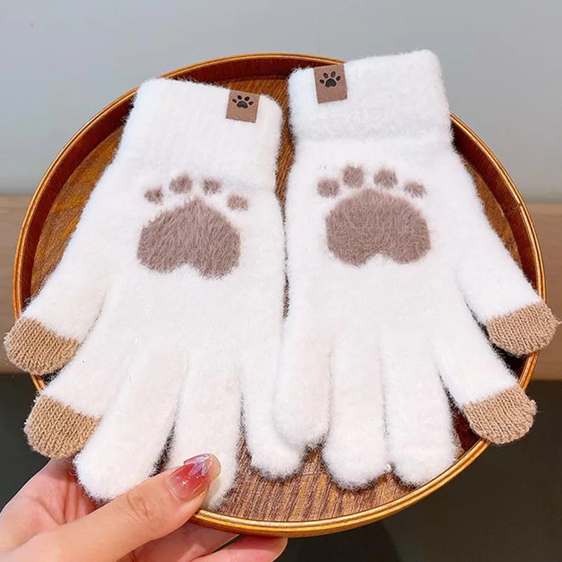 

Модные перчатки с принтом кошачьих лап женские трикотажные перчатки для сенсорного экрана зимние мужские толстые теплые мягкие пушистые перчатки для взрослых