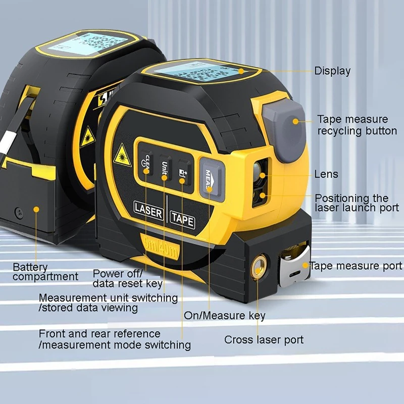 Tgoon Cinta Métrica Digital, Alcance Láser de 60 M Carcasa TPR  Almacenamiento de Datos Cinta Métrica Láser 3 en 1 para Sitios de  Construcción