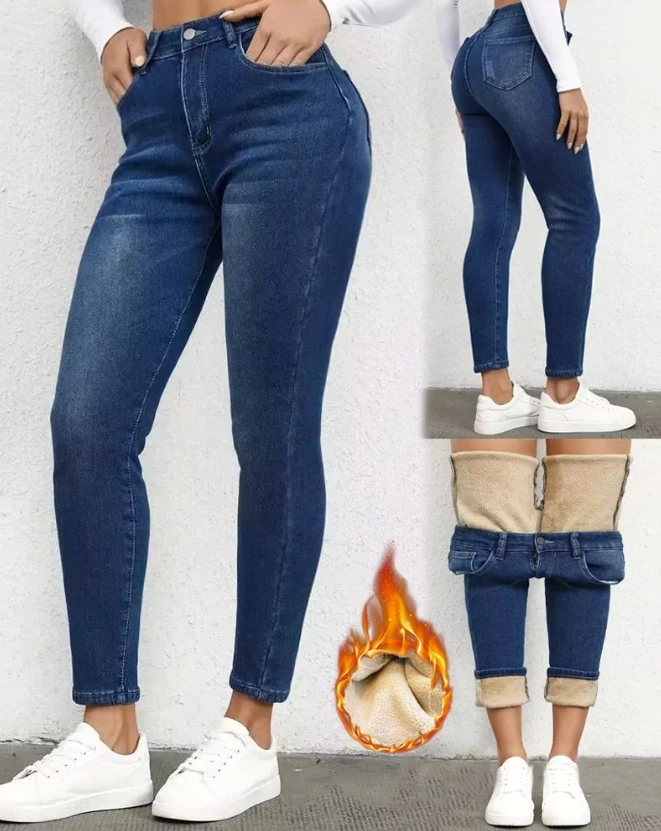 Casual Women's Plush Jeans 2023 Fashionable Dark Blue High Waisted Jeans Pocket Design Fleece Lined Jeans Skinny Denim Pants
