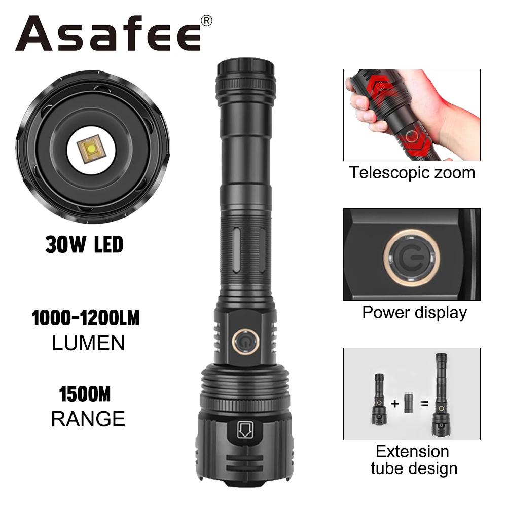 

Powerful Flashlight 30WLED Three-speed Light Mode 1200 Lumens Retractable Zoom Waterproof Lantern Rechargeable Flashlight