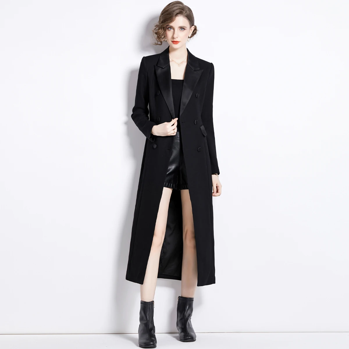 

New 2023 Winter Runway Designer Women Vintage Notched Collar Wrap Black Maxi Coat Thick Warm Long Trench Coat Outwear