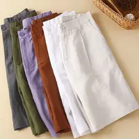 Women's Shorts Cotton Linen High Waisted Short Pants Casual Loose Solid Purple Button Summer Shorts for Women - Image 5