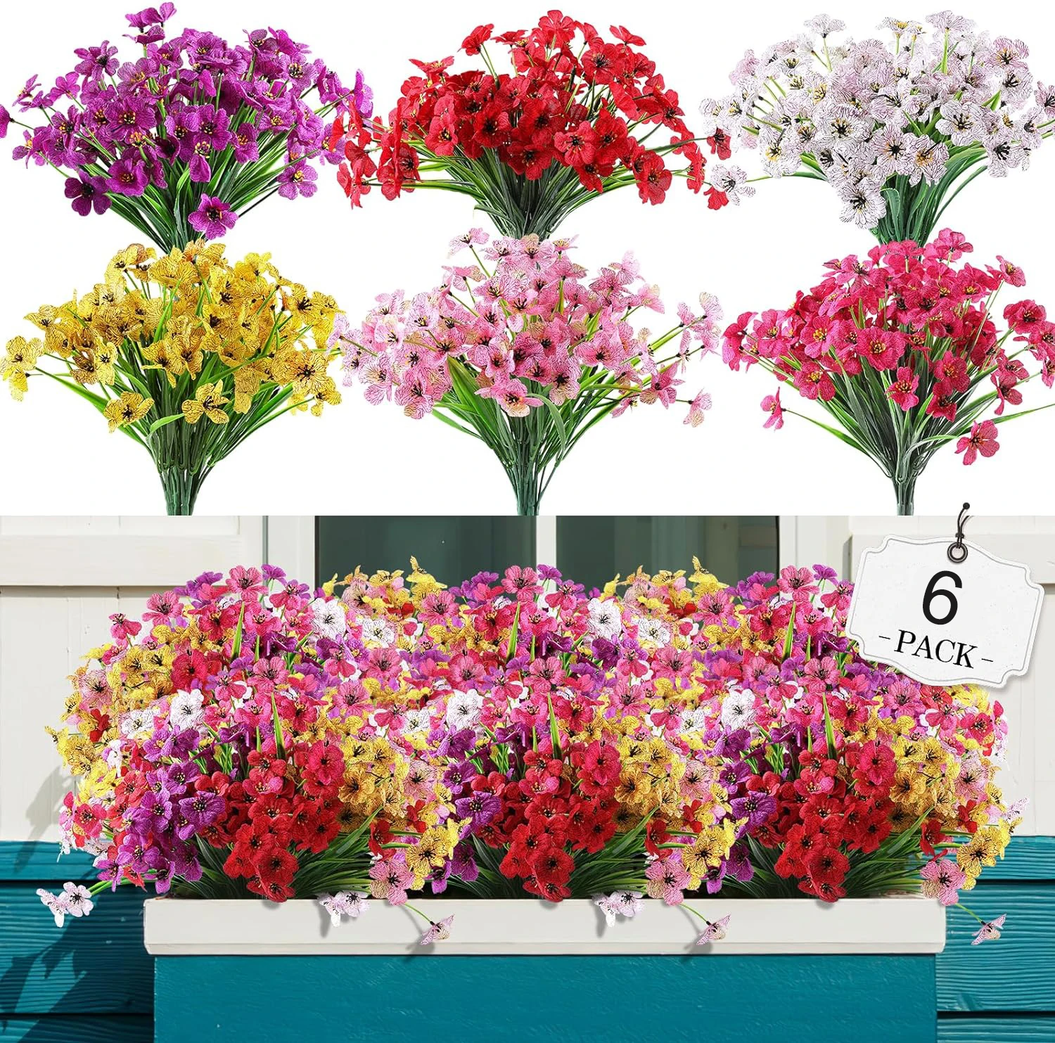

6Pcs Outdoor Fake Plants Artificial Flowers Hanging UV Resistant Flowers for Garden Window Box Front Porch Home Farmhouse Decor