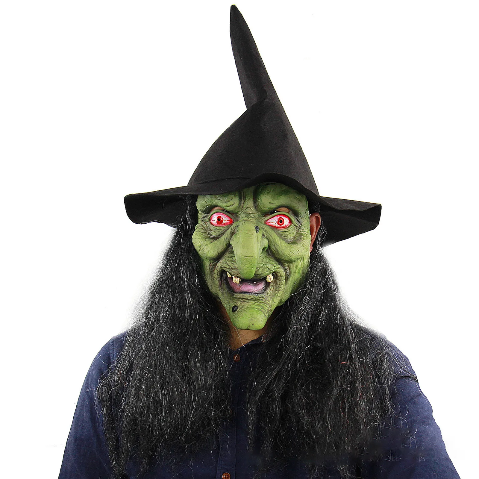 Halloween Horror Old Witch Mask with Hat Cosplay Scary Clown Hag Latex Masks Green Face Big Nose Old Women Costume Party Props