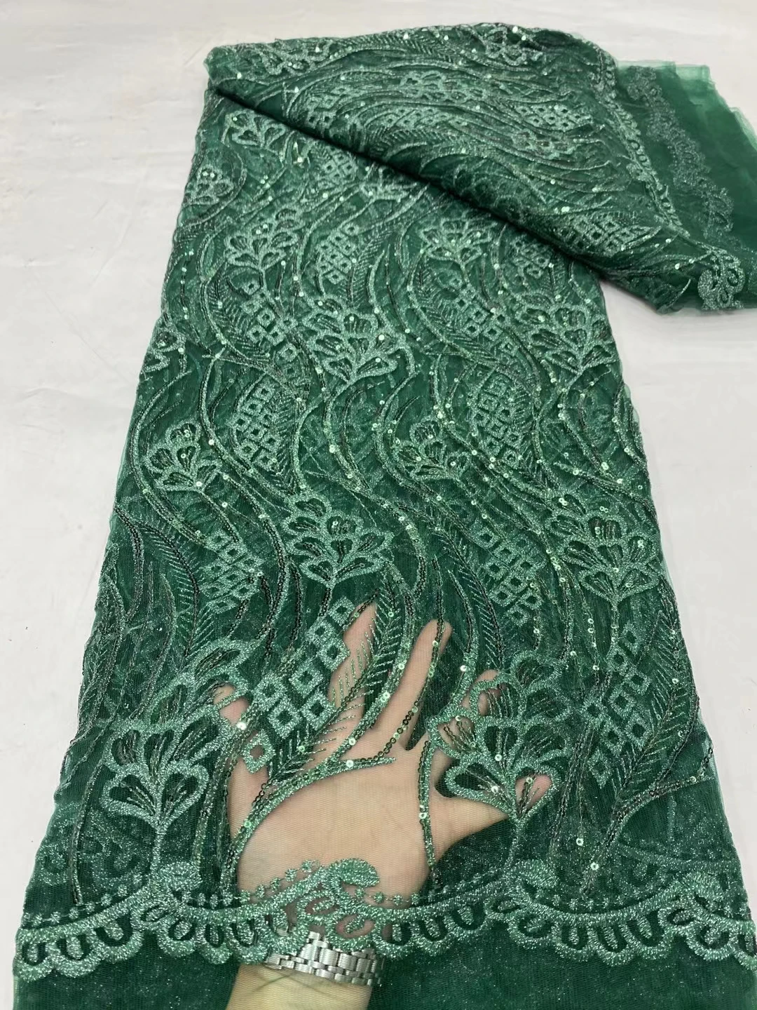 

LDPN336 Green!Good quality African net lace fabric with sequins,wholesale embroidered French tulle lace for party/wedding dress