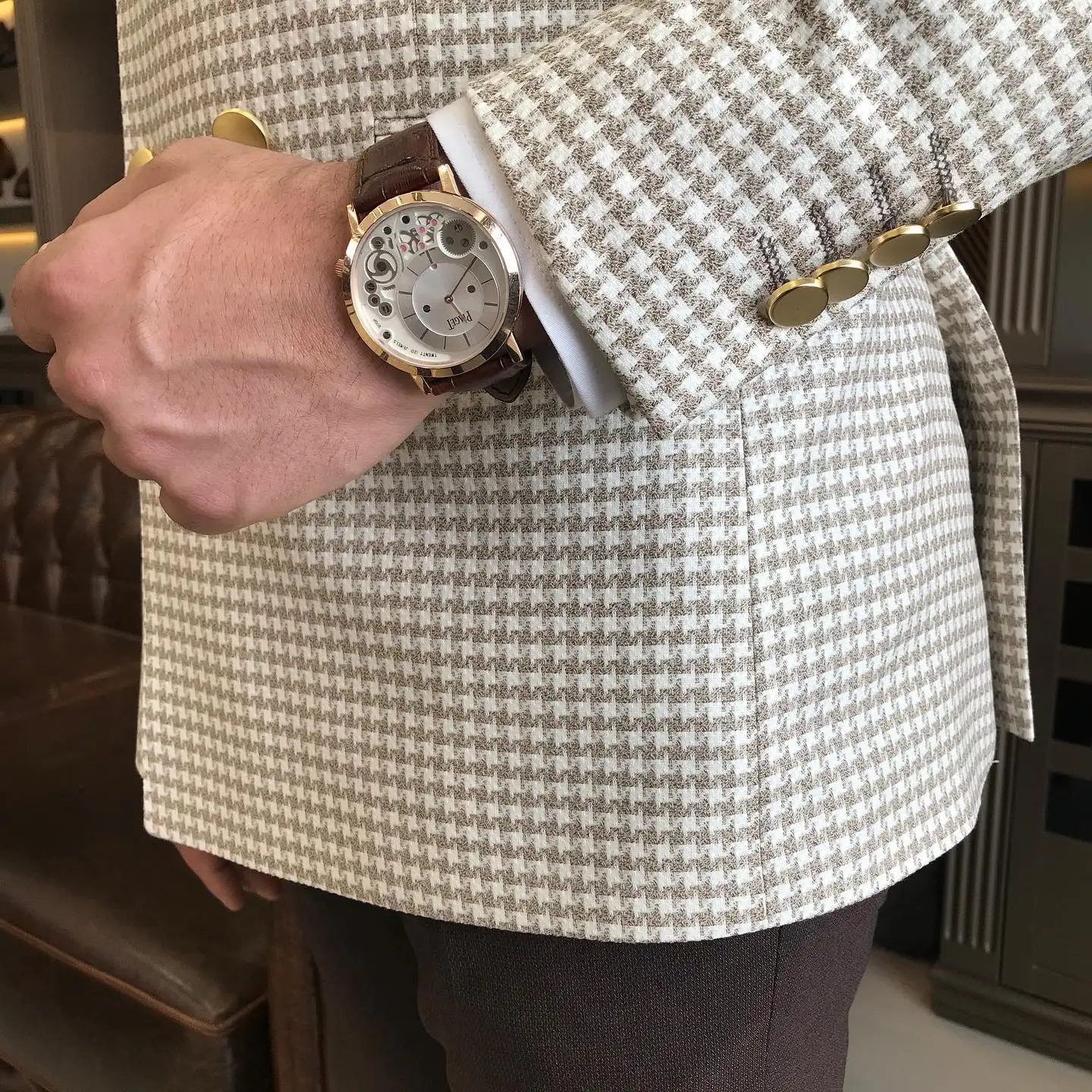 Houndstooth Men Suits Double Breasted Jacket Slim Fit Wedding Groom Wear Business Blazer Formal Tuxedos Only Coat Customize