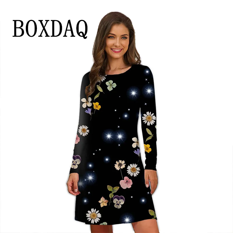 

Elegant Multicolour Floral Print Women Dress Streetwear Long Sleeve O-Neck Loose Casual A-Line Dress Autumn Oversize Femme Dress