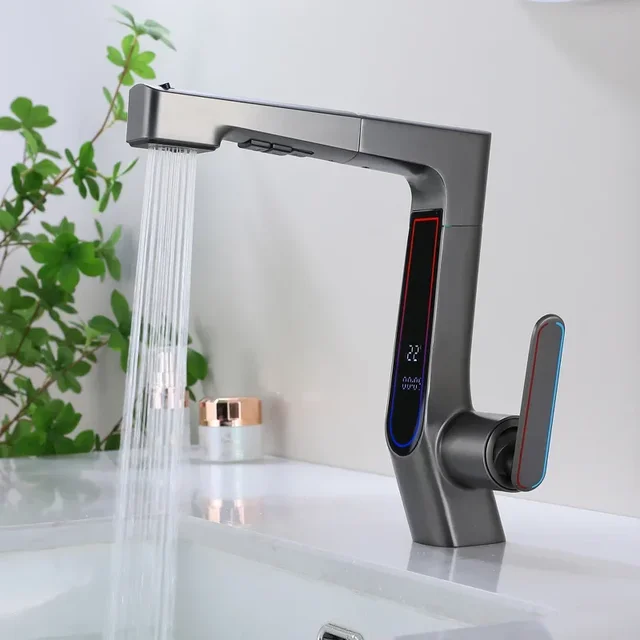 Intelligent digital display LED large screen temperature control pull-out faucet hot and cold bathroom wash basin faucet 1