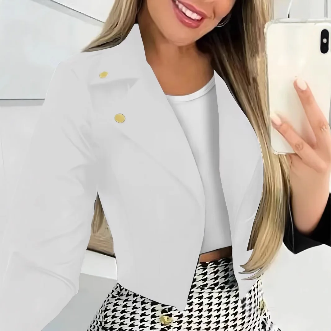 Gold Button Long Sleeve Slim Cropped Blazer for Women