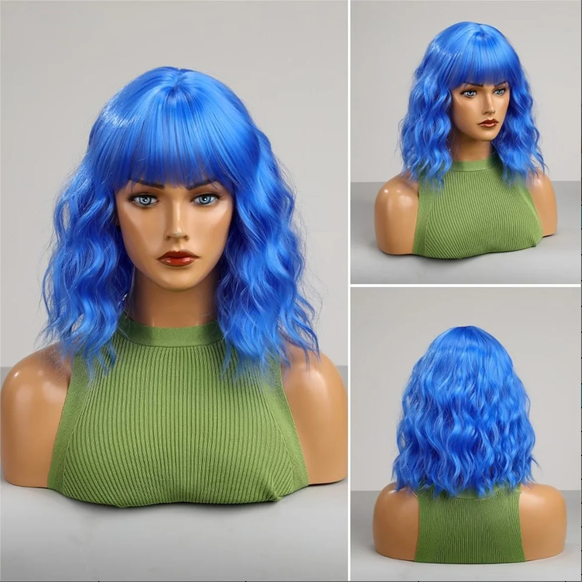 Cosplay Wig Blue Human Hair Bangs Short Blue Cosplay Synthetic