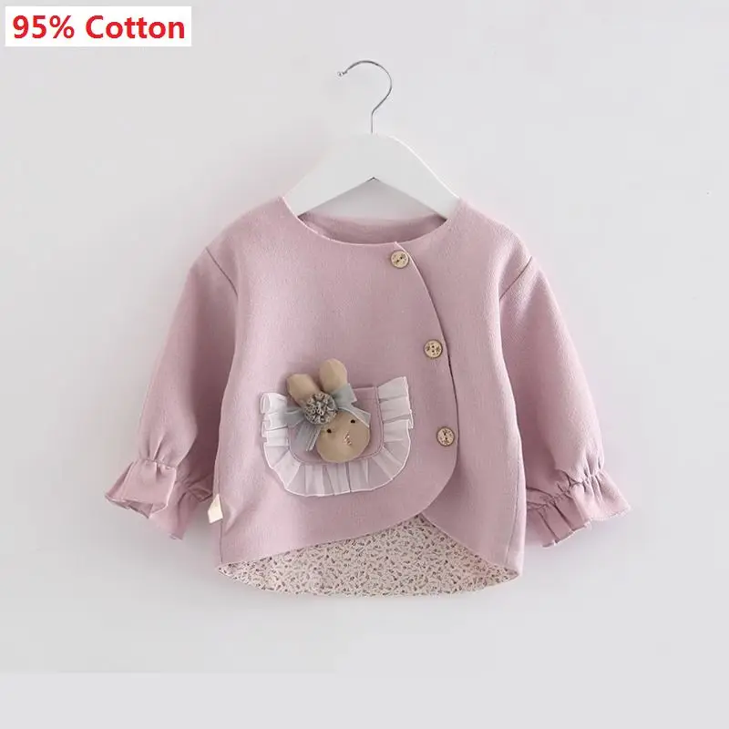 

Демисезонная розовая однобортная куртка для маленьких девочек, новинка 2024, детский топ с цветочной подкладкой, верхняя одежда для малышей с милым кроликом и куклой