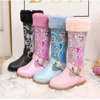 Disney Girls' Leather Boots Winter Cartoon Frozen Boots Zipper High Plush Princess Elsa Boots Warm Children's Boots Size 25-36