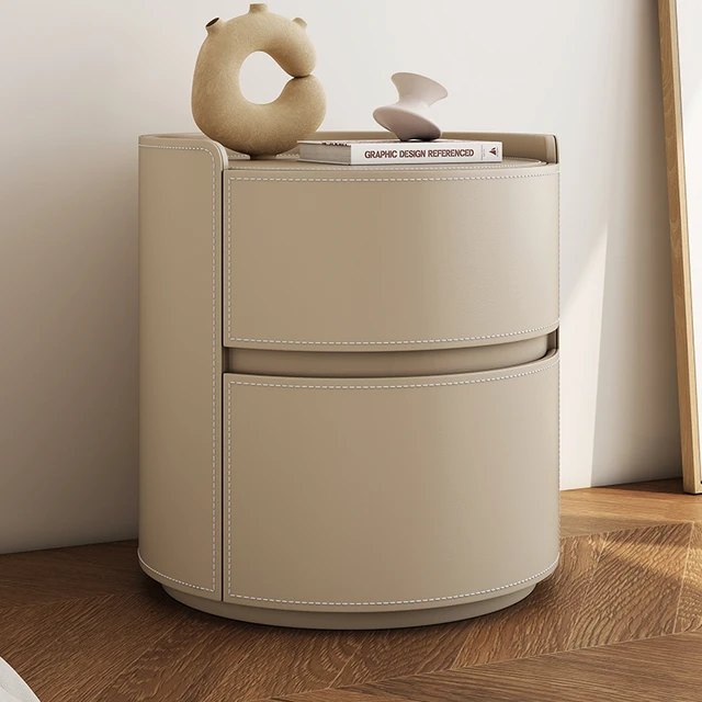 Table de chevet ronde en cuir de luxe légère, armoire de chevet de chambre à coucher, armoire de rangement de salon, armoires de rangement créatives pour chambre à coucher 1