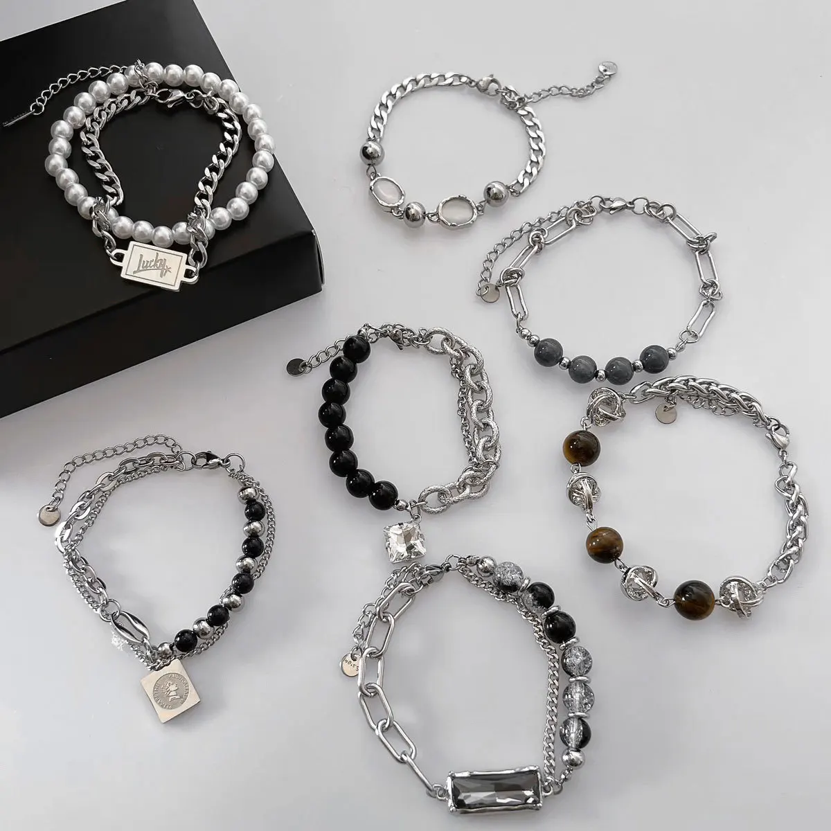 

2023 Trend Geometric Zircon Bracelet For Women Men Titanium Steel Chain Crack Beaded Splice Bracelet Jewelry Kpop Couple Gift