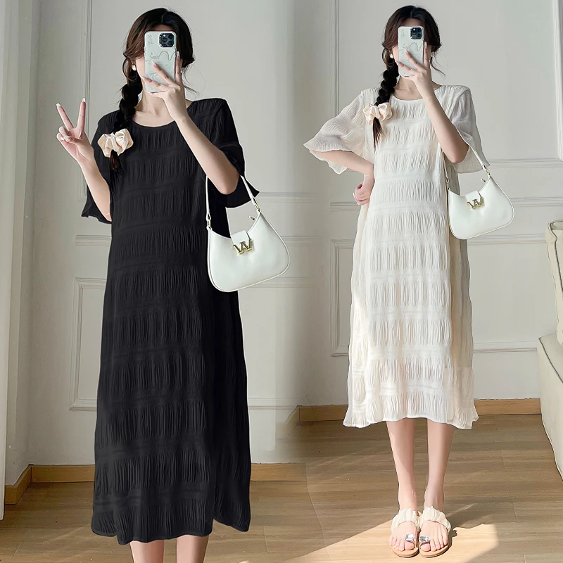 플리츠 원피스 짧은 플레어 소매 O-넥 임산부 긴 느슨한 쉬폰 원피스, 달콤한 임신 옷, 2024 여름 출산 