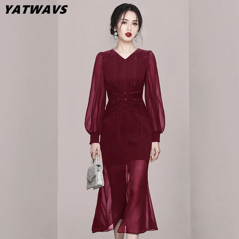 

Elegant Women's Red Chiffon Mermaid Midi Dresses Spring New Fashion V-Collar Lantern Long Sleeve Slim Waist Party Dress Female