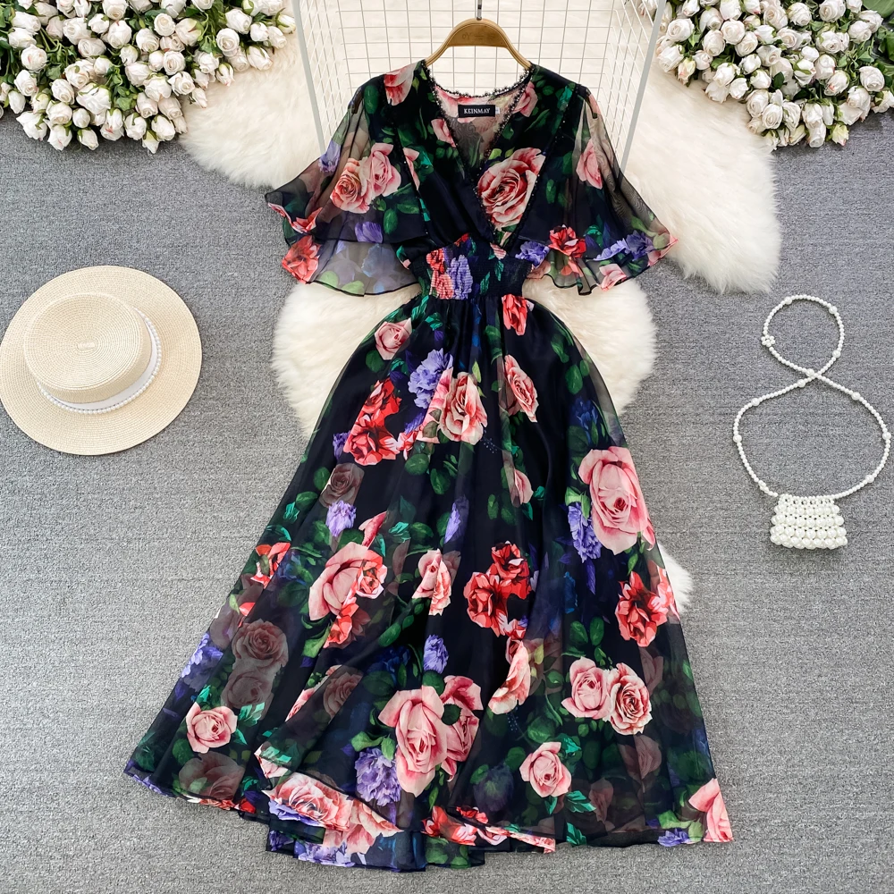 

Women's Spring Summer Short Sleeve V Neck Print Dress Female High Waist Chic Party Long A-line Vacation Beach Dress TB569