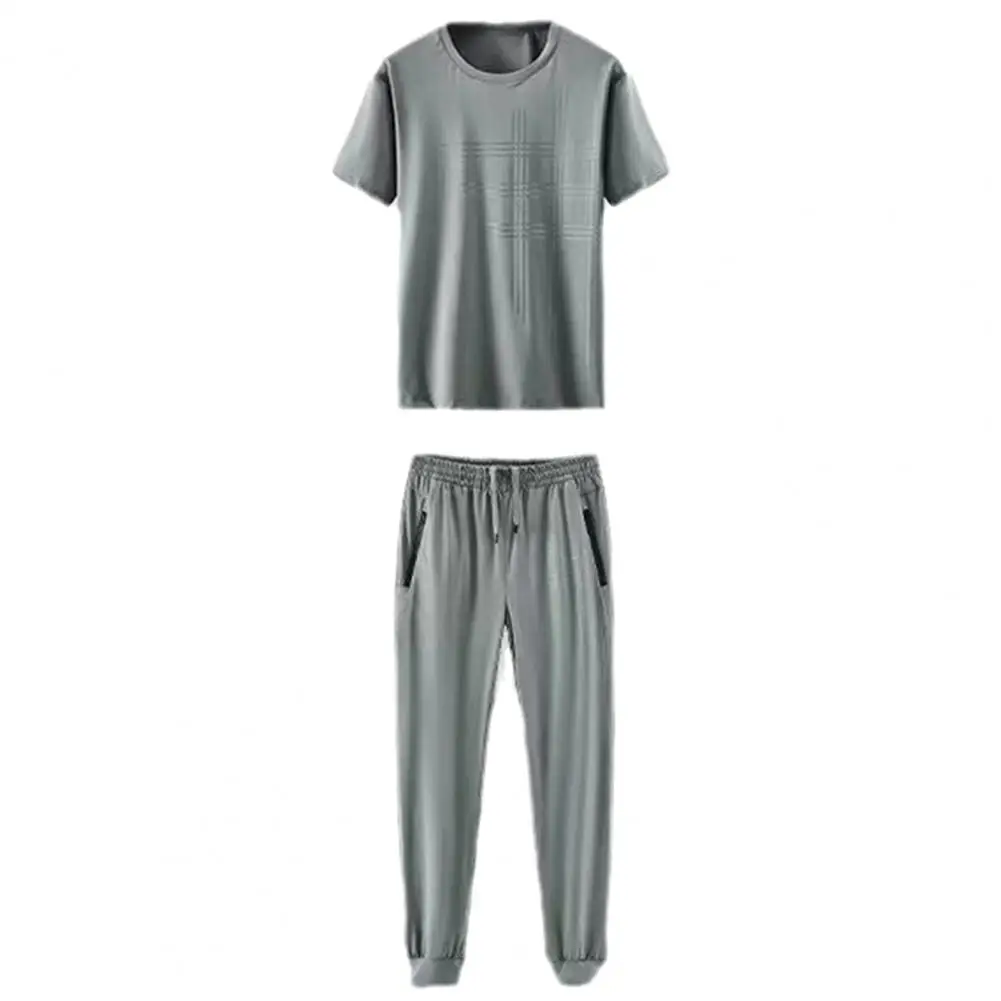 Solid Color Suit Stylish Men's Casual Sports Suit with Short Sleeve T-shirt Elastic Waist Trouser for Home Office or for Men