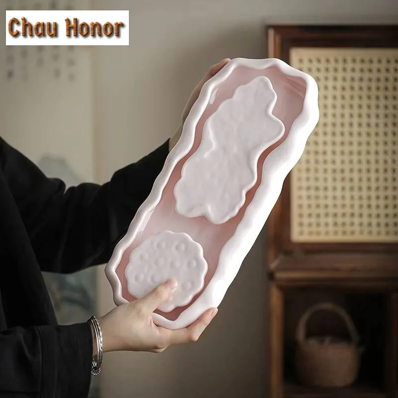Japanese Style Pink Jade Porcelain Dry Bubble Table Tea Tray Household Small Tray  Kung Fu Teaset Water Storage Accessories Gift