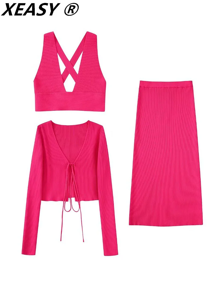 

XEASY Knitted Two Piece Women Sets Female 2 Piece Sets Womens Outfits Top And Skirt Set Knitted Suit
