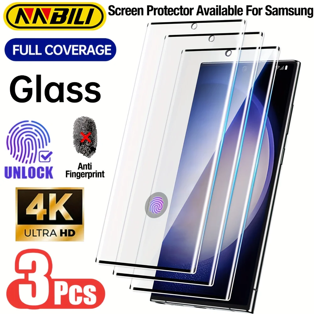 NNBILI 3 pièces protecteur d'écran en verre trempé Ultra HD avec Support d'empreintes digitales pour Samsung S25 S24 S23 S22 S21 S20Ultra S8 S9 S10