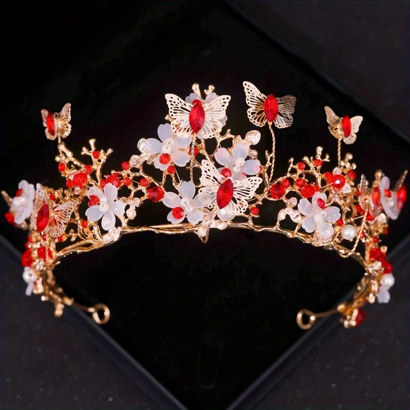 Butterfly Tiara Crown For Women - Red Crystal & Pearl Bridal Headpiece, Baroque Rhinestone Hair Accessory (5.9" X 2.5") - View #2