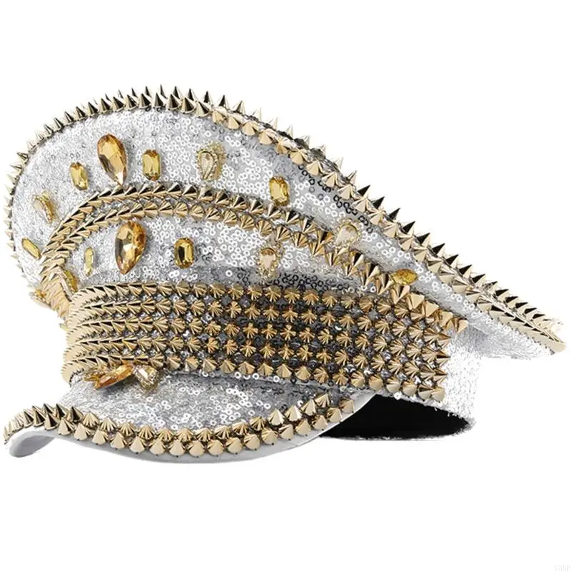 Y3NE Jeweled Hat Heavy Crystal Captain Hat Versatile for Men Women Dancer Comedian