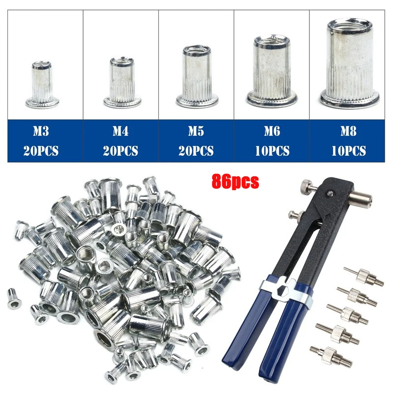 86Pcs/set M3-M8 Blind Hand Rivet Nuts Heavy Duty Nut Threaded Insert Rivet Tool Riveter Gun with Riveting Household Repair Tools 2