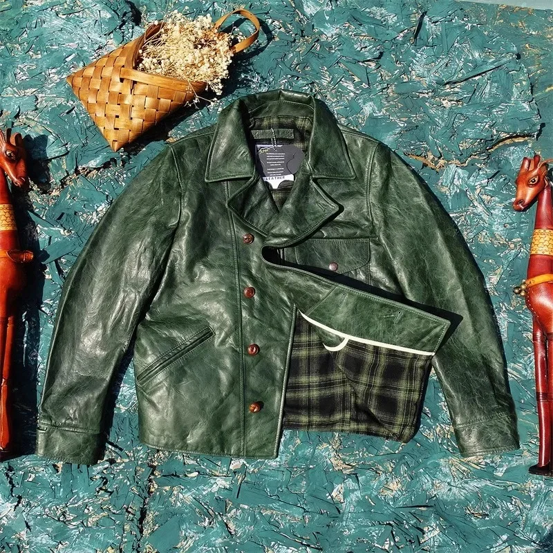 Description Picture 3 of itemshipping.Soft Free natural horsehide cloth.100% real tanned leather jacket.Classic Moto Rider coat.indigo.Plus size.