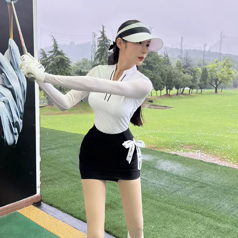Swan golf ladies spring summer suit thin breathable ice silk long sleeve v-neck t-shirt women sports tops slim fit skort shorts