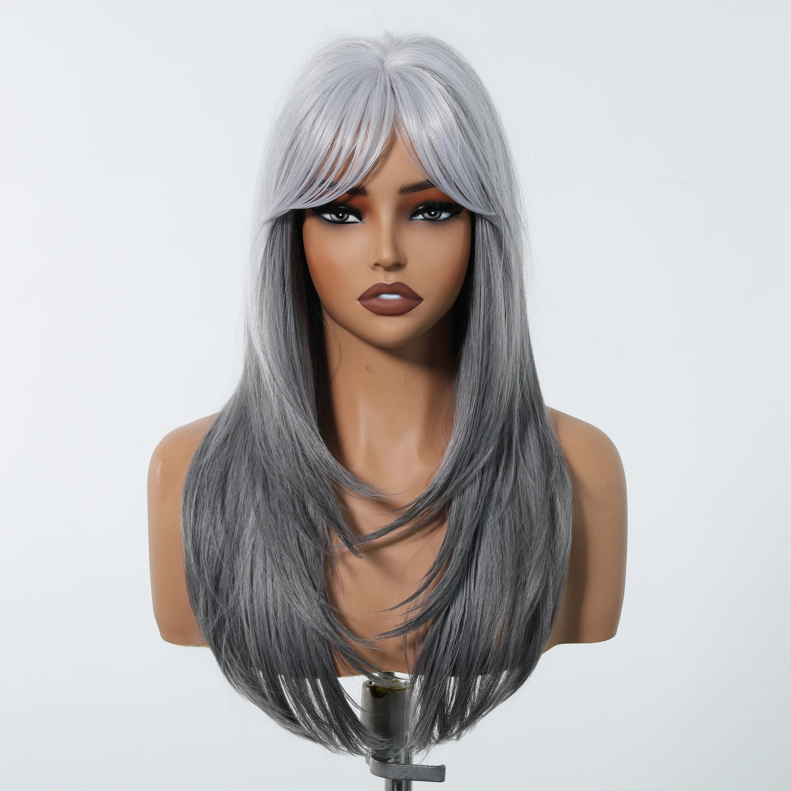 LOUIS FERRE Long Straight Synthetic Wig synthetic hair wigs Grey White Ombre Wig For Women Heat Resistant Natural Layered For Daily Cosplay Use