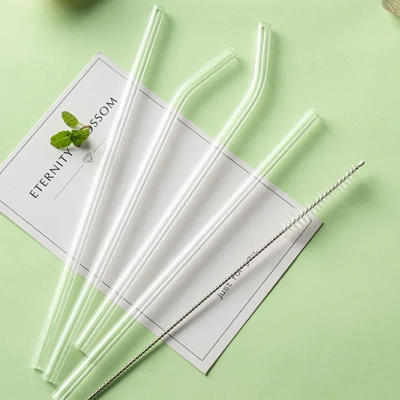 200*8mm Korean ins Style Color Thick Glass Straw Clear Creative Heat-resistant High Borosilicate Crystal Straw Straight Bend glass straw set drinking straws