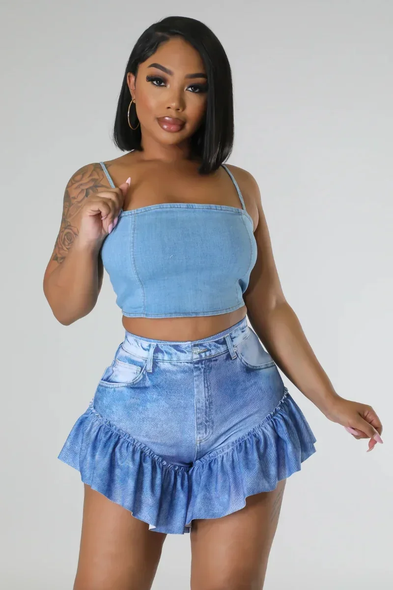 

WUHE Fake Jean Printed Ruffles Hem Flare Skirts Style Shorts 2024 Women Fashion Summer Street Short Trousers