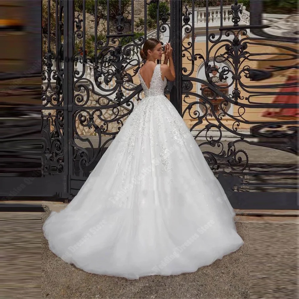 Elegant V-Neck Wedding Dresses Princess A-Line Shine Tulle Bride Robes Beach Party Fluffy Skirt Hem Vestido De Novia Customized 2