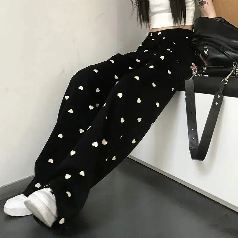 

Summer Pants Women's Love Print Casual Large Loose Wide Leg Trouser Retro Teens Harajuku Pajamas Straight Pant for External Wear
