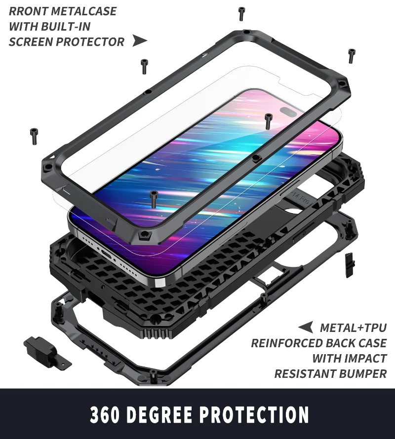 Luxury Rugged Armor 360 Full Phone Case For iPhone 15 14 Pro Max Plus 13 12 11 Metal Aluminum Shockproof Cover