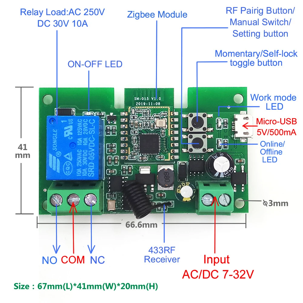 Smart Switch Smart Switch Module Zigbee eWelink 1 Channel AC/DC 7-32V USB 5V RF/APP