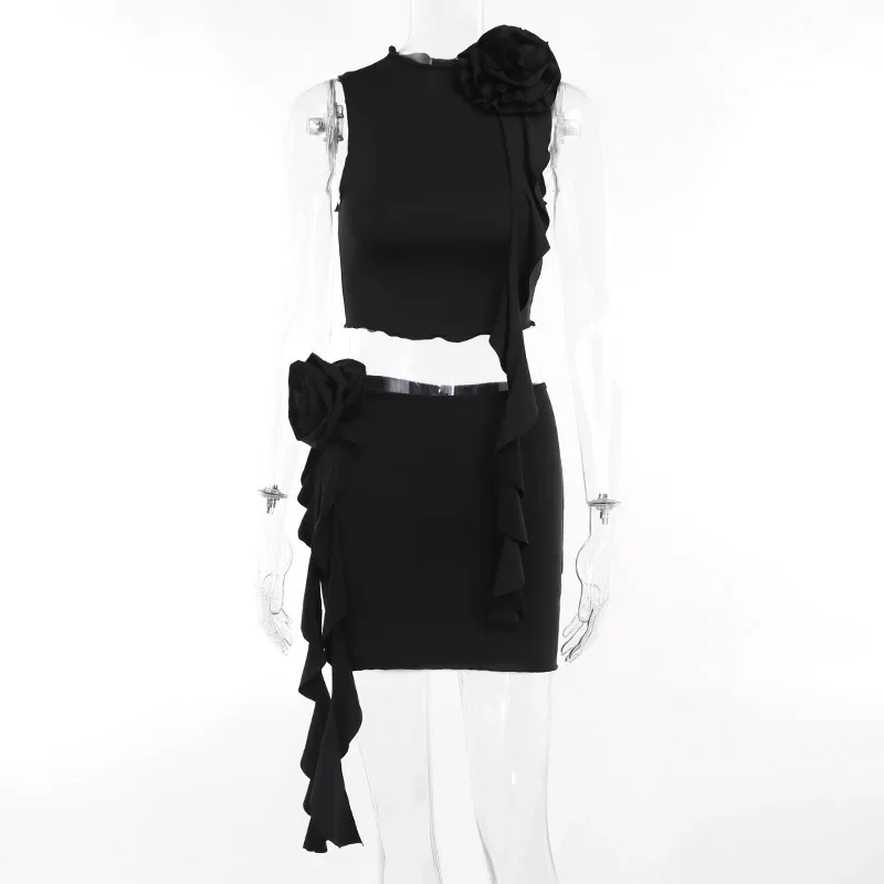 2024 Summer New Style Slim Fit Fashion Casual Women's Flower Top Wrapped Hip Short Skirt Spicy Girl Set  CSM68-4