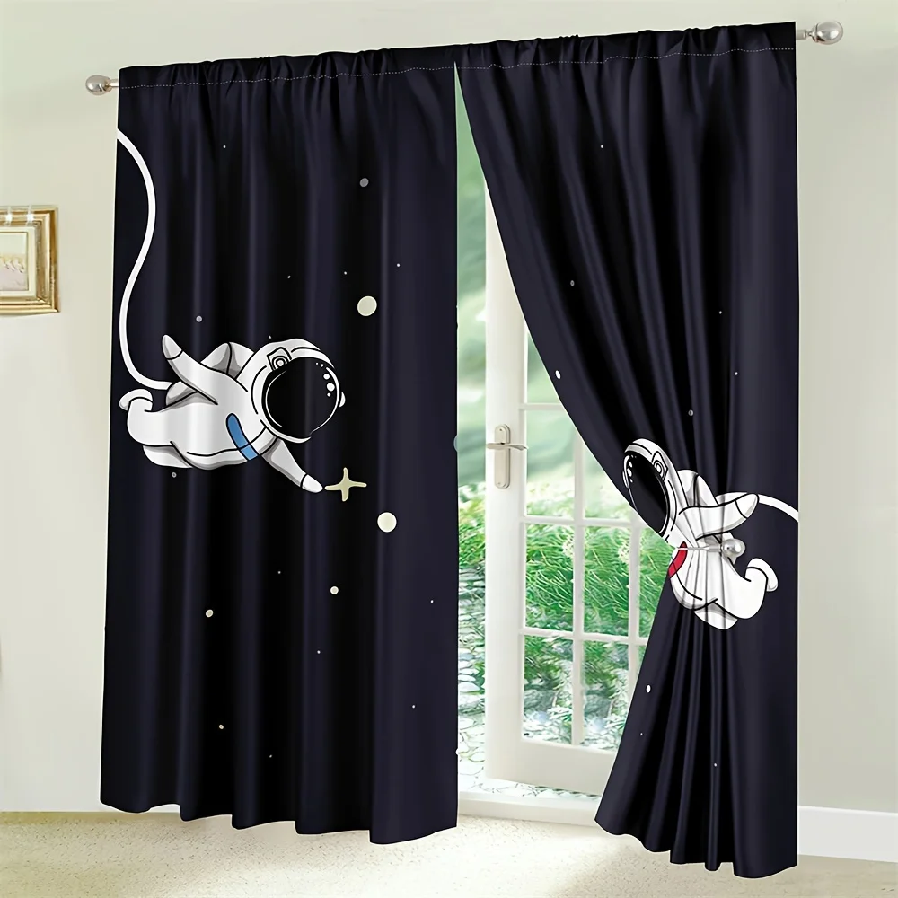 2PCS Astronaut Space Astronaut Window Curtains Cartoon Characters Cosmic Planet Adventure Rod Pocket Window Drapes. 3