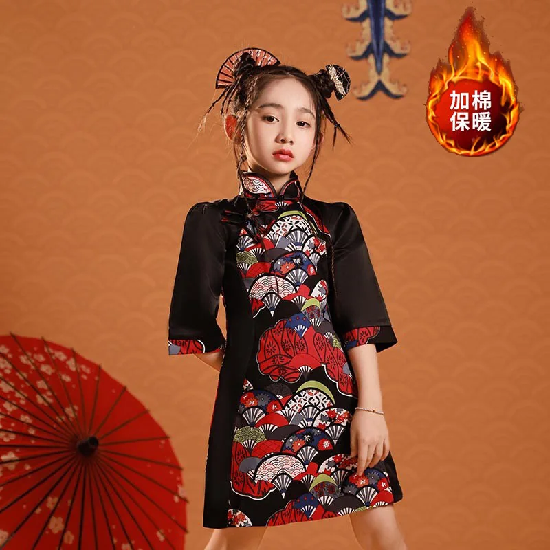 

Chinese Princess Black Print Dress Traditional Cheongsam Girls Hanfu Tang Suit New Year Outfit Birthday Gift
