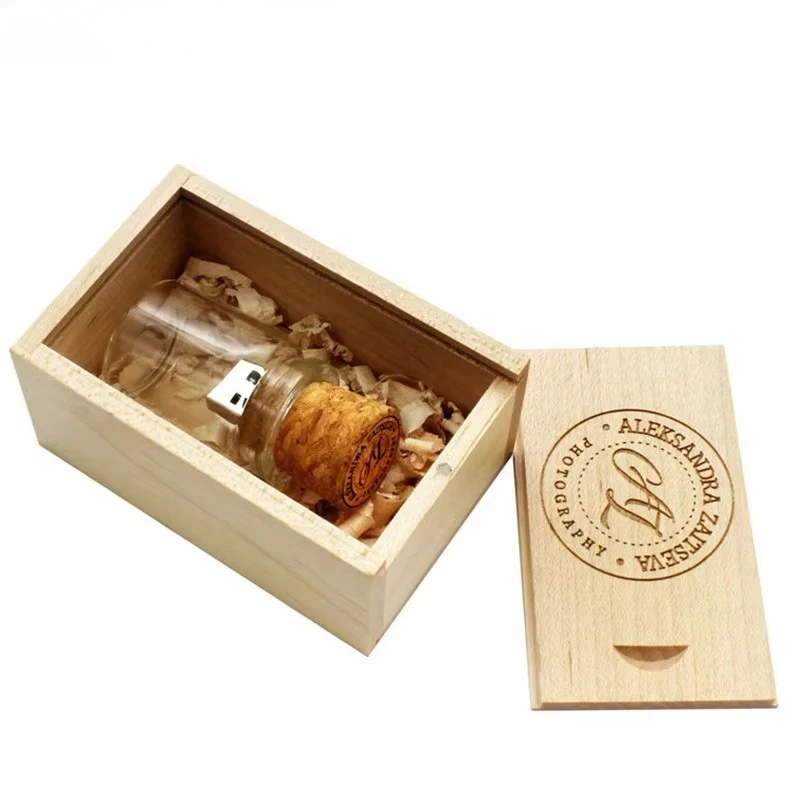 무료 사용자 정의 로고 유리 병 USB + 상자 플래시 드라이브 Pendrive 64GB 32GB 16GB 4GB 메모리 스틱 사진 결혼 선물