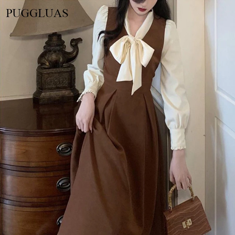 

Vintage Bow Patchwork Brown Velvet Long Sleeve Dresses Women's Autumn Temperament Elegant Midi Dress 2022 Korean Fashion Outfits