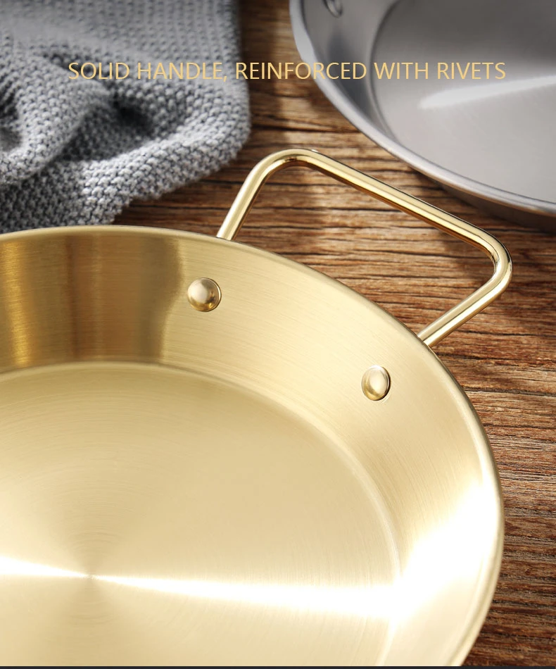 Stainless Steel Golden Serving Tray Round Spanish Seafood Cooking Pan With Two Handles Wok - 30Cm
