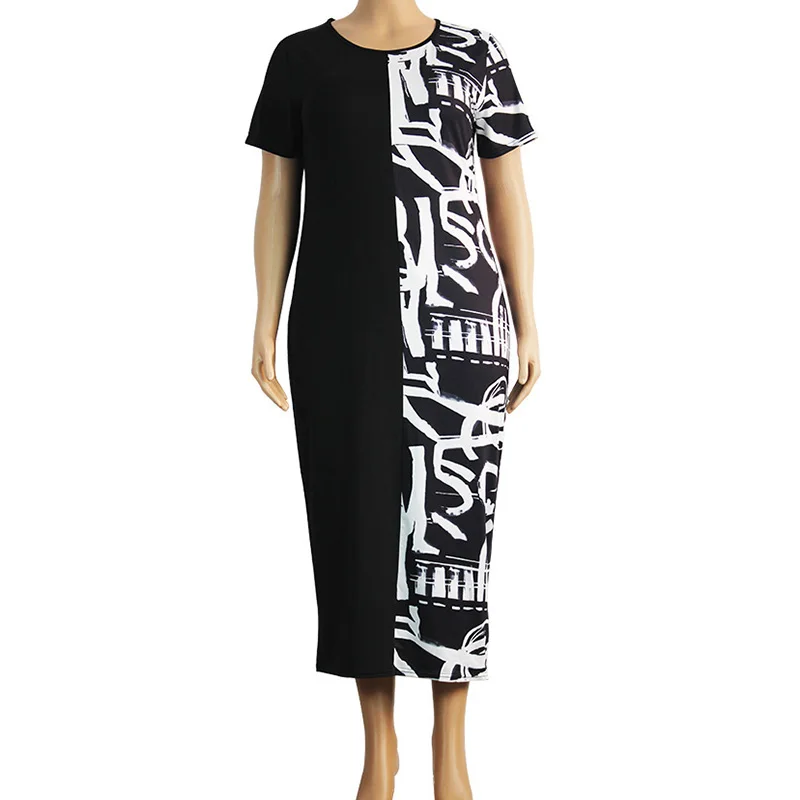 Plus Size Casual Summer Clothes for Women Round Neck Black and White Printing Short Sleeve Pullover Slim Ankle-length Dresses
