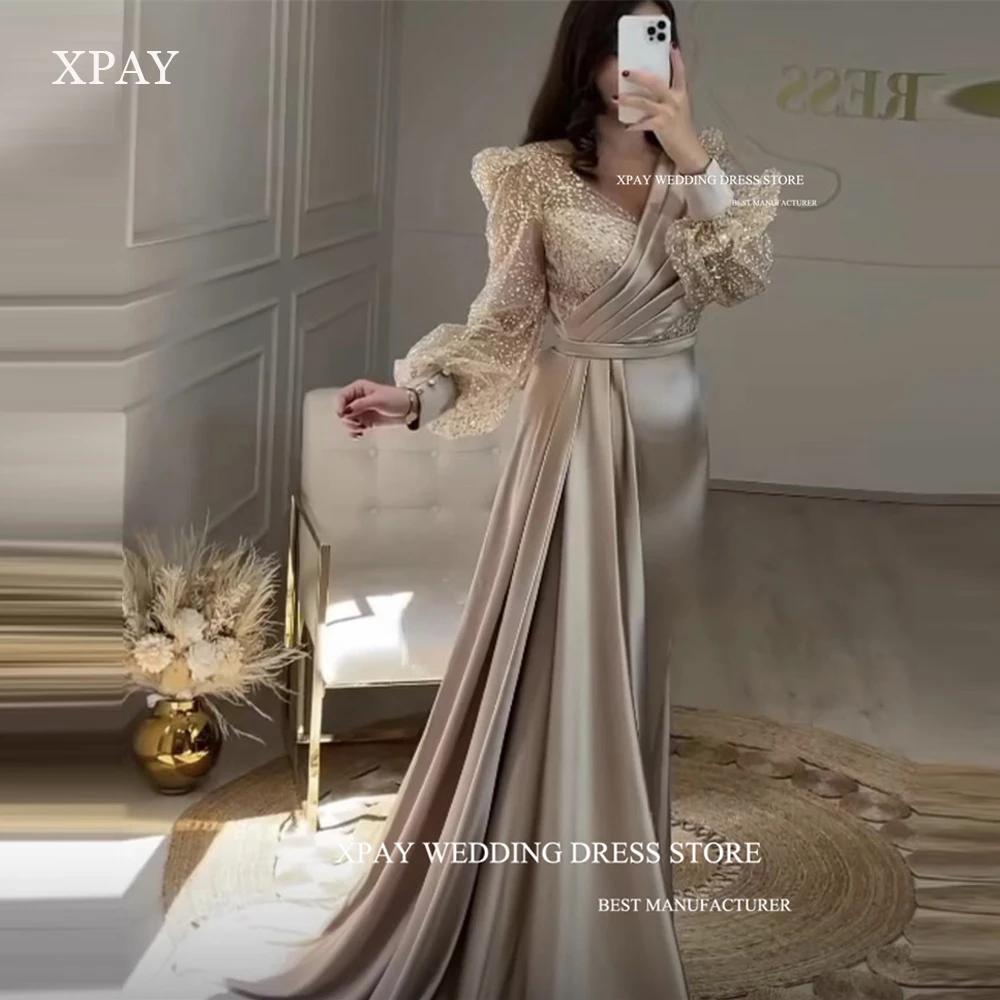 

XPAY Modest Glitter Puff Long Sleeves Evening Dresses V Neck Pleats Floor Length Prom Gowns Plus Size Arabic Women Formal Party