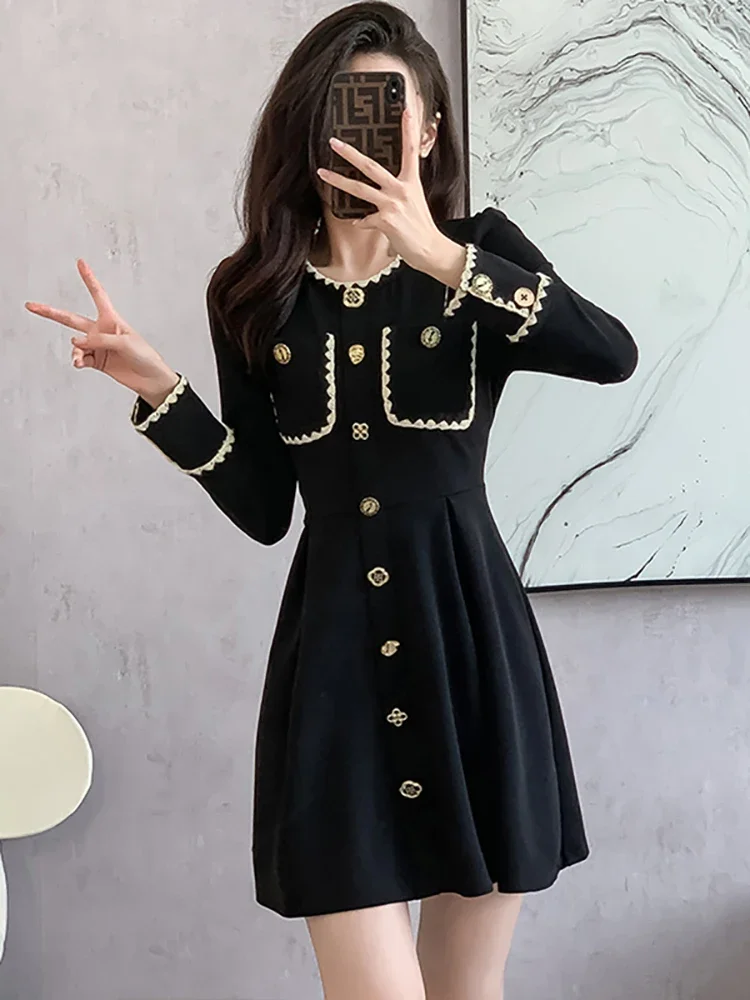 

2023 корейская мода шикарное повседневное короткое платье Женские Элегантные платья для особых мероприятий осень-зима винтажные черные платья в стиле Хепберн