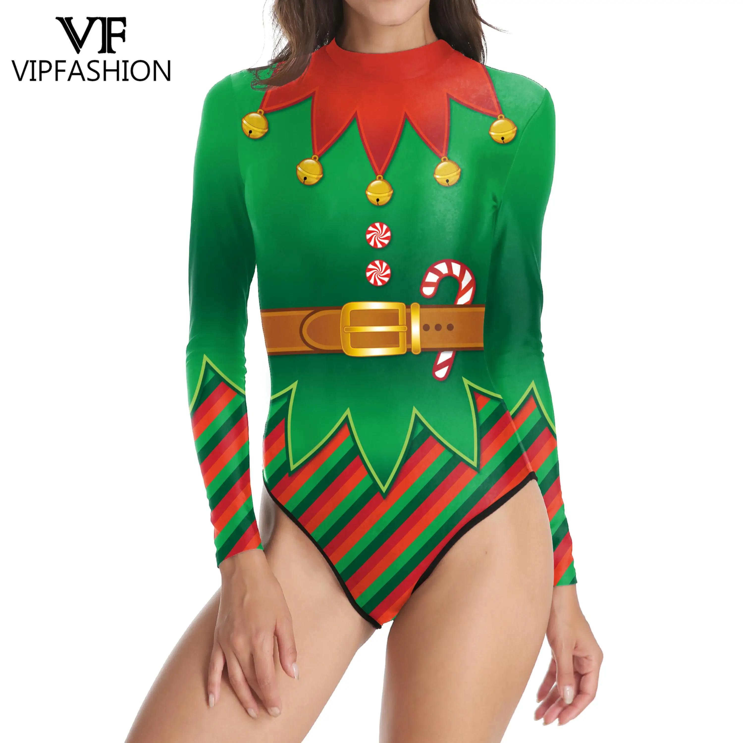VIP FASHION Christmas Elf Costume Women Santa Claus Bodysuit 3D Print Zentai Suit New Year Sexy Swimsuit Fancy Holiday Dress Up cosplay costume adult unitard
