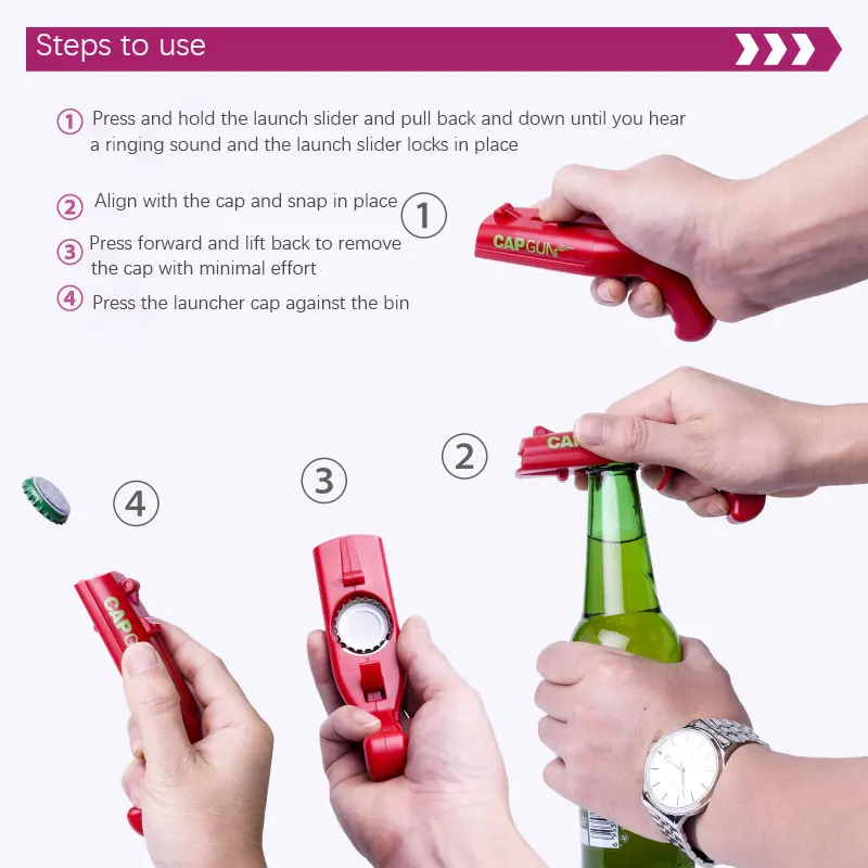 Description Picture 6 of itemCreative Portable Beer Opener Cap Gun Flying Cap Launcher Bottle Bar Home Tool Drink Opening Gun Shaped Bottle Lid Shooter